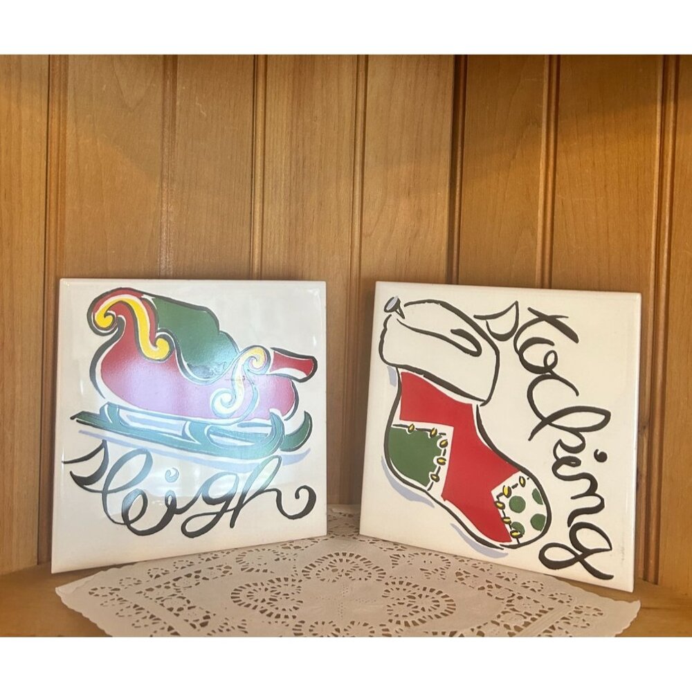 Hand-Painted Cork Backed Ceramic Christmas Trivets Hot Plates Set Of 2
